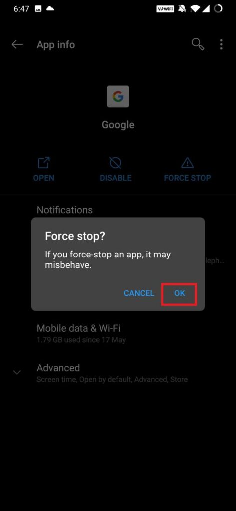confirm force stop Google app