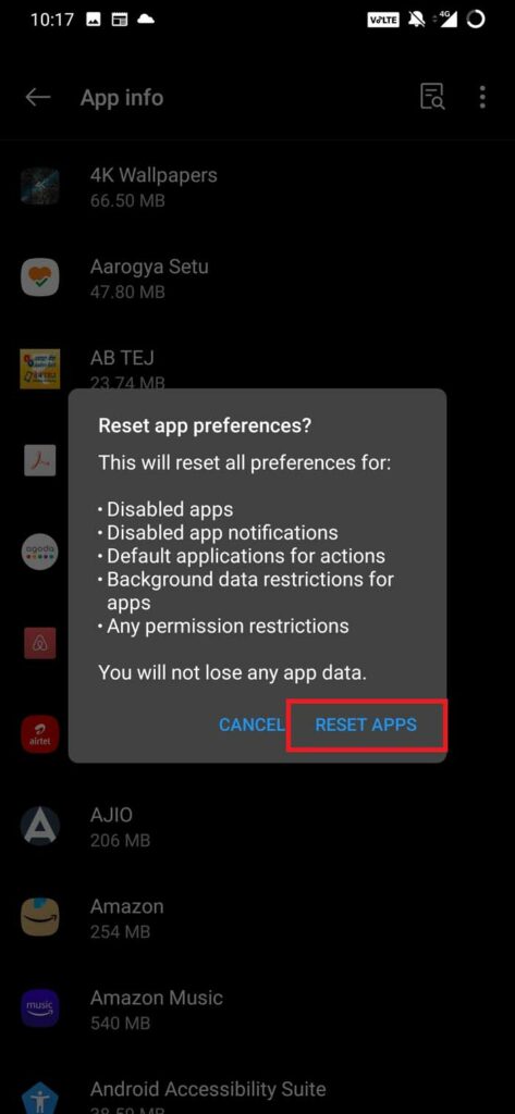 confirm app reset