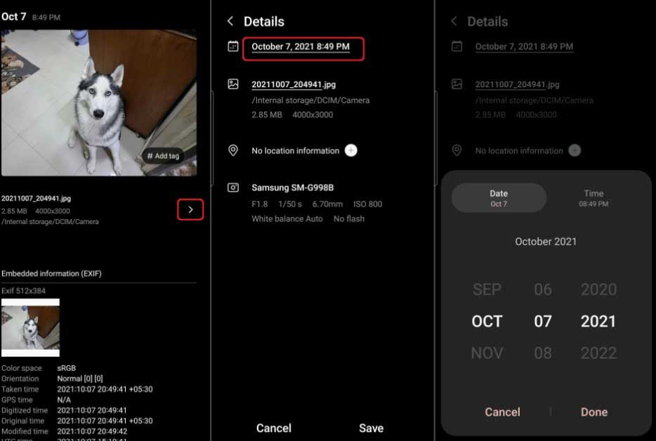 Samsung Gallery app allows users to edit date and time of images