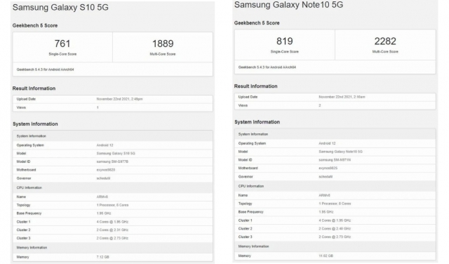 Samsung Galaxy S10 and Note 10 Running Android 12 Spotted on Geekbench