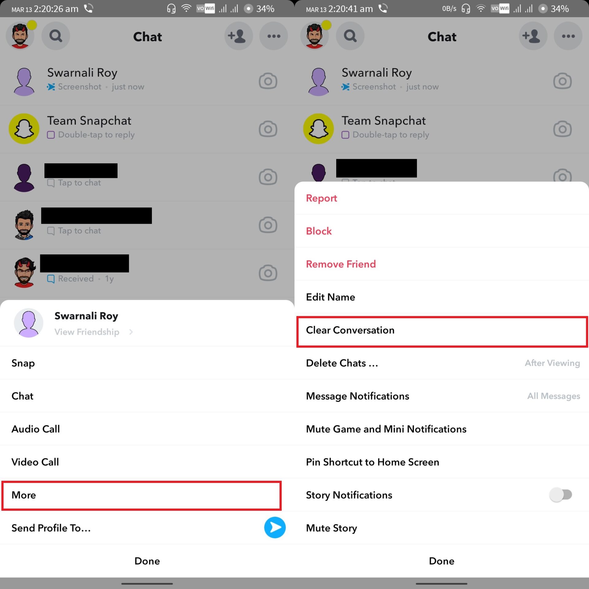 Clear Snapchat Conversation from the conversation settings