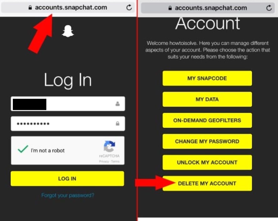 Delete your Snapchat account through the web browser