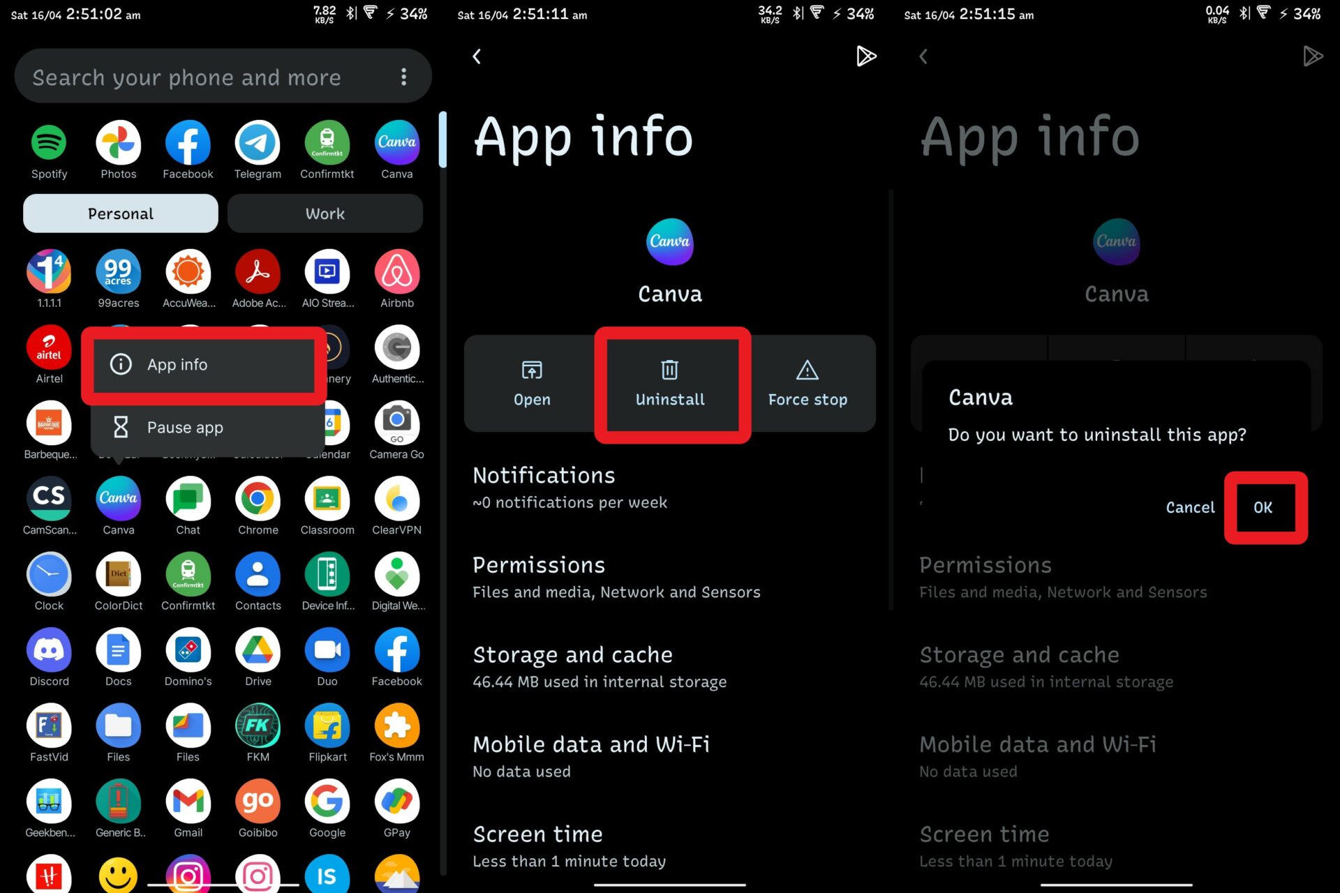 Uninstall an app on Android device