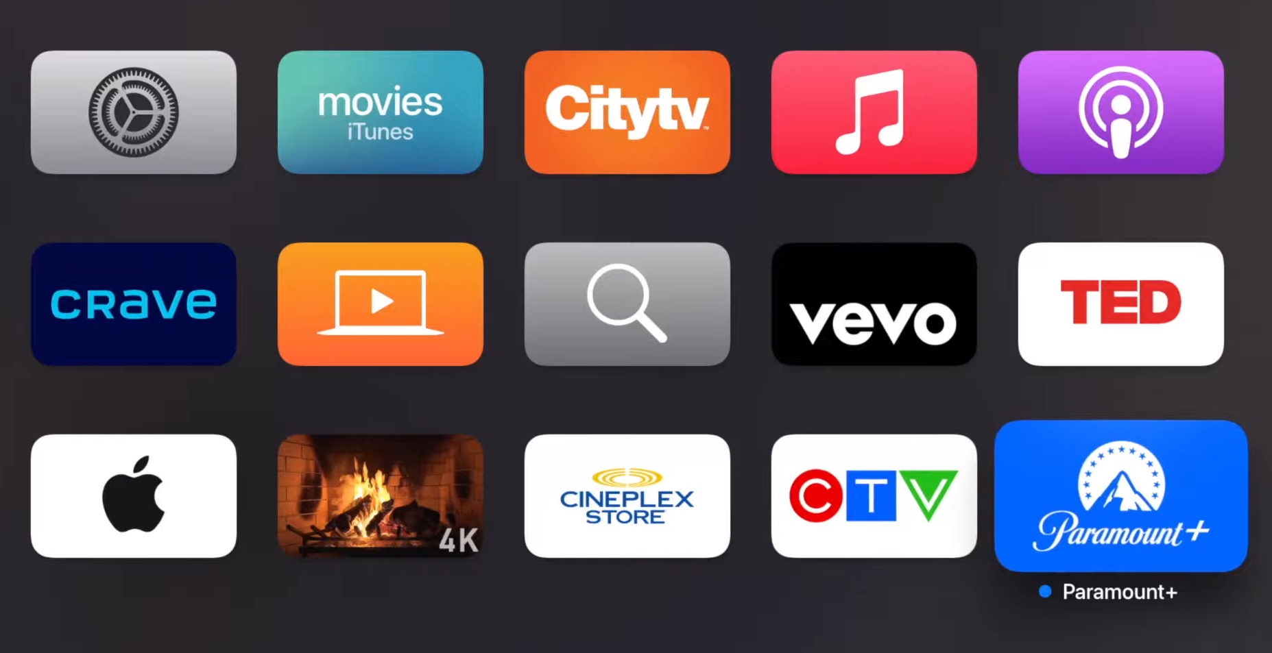 Find Installed Paramount Plus on Apple TV Home screen
