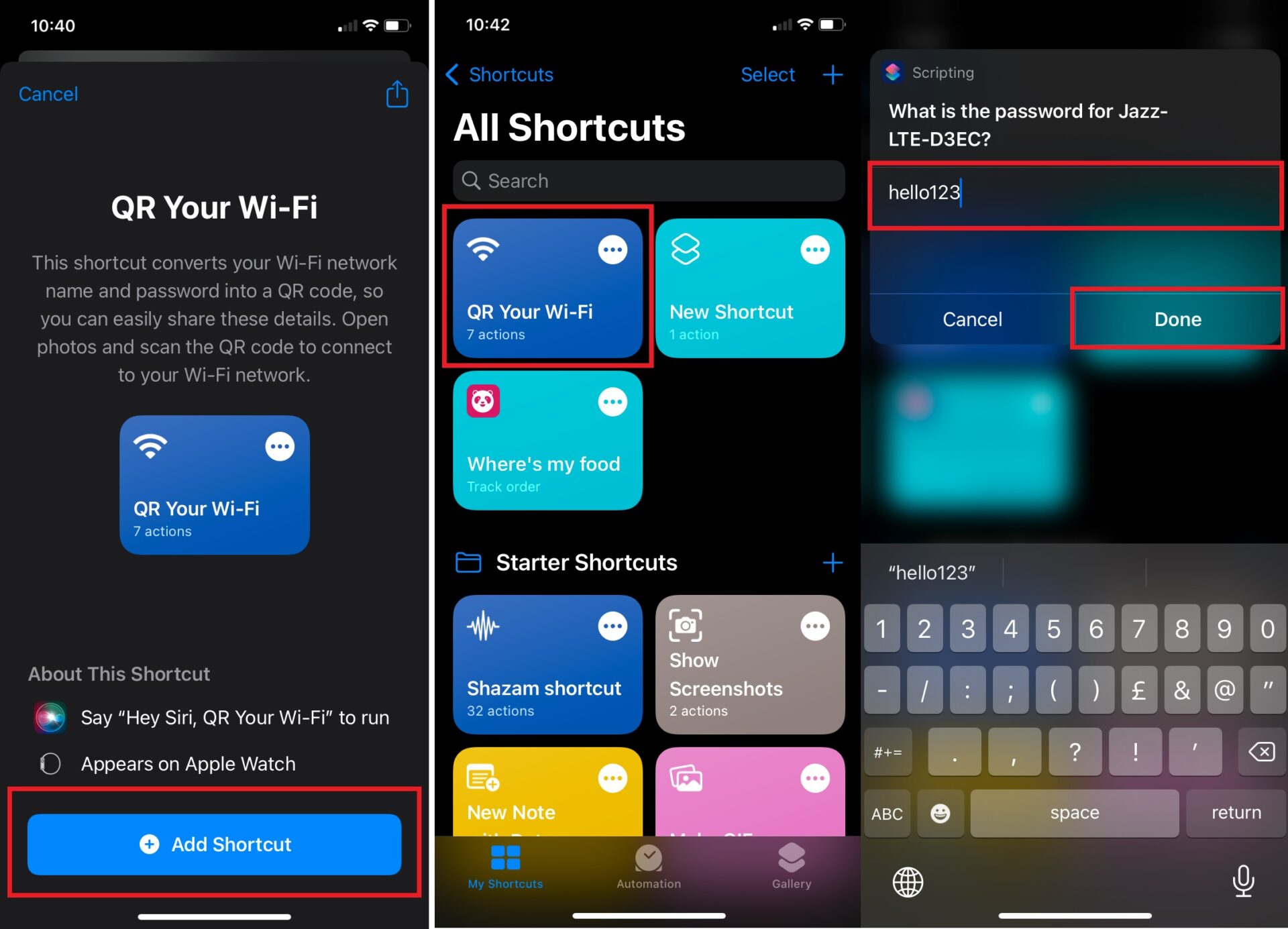 Set Up QR Your WiFi shortcut and enter WiFi password